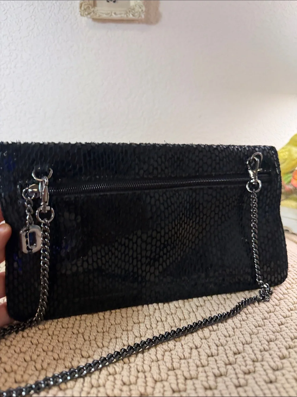 Sorial Black Textured Leather Envelope Clutch Crossbody Bag Removable Chain